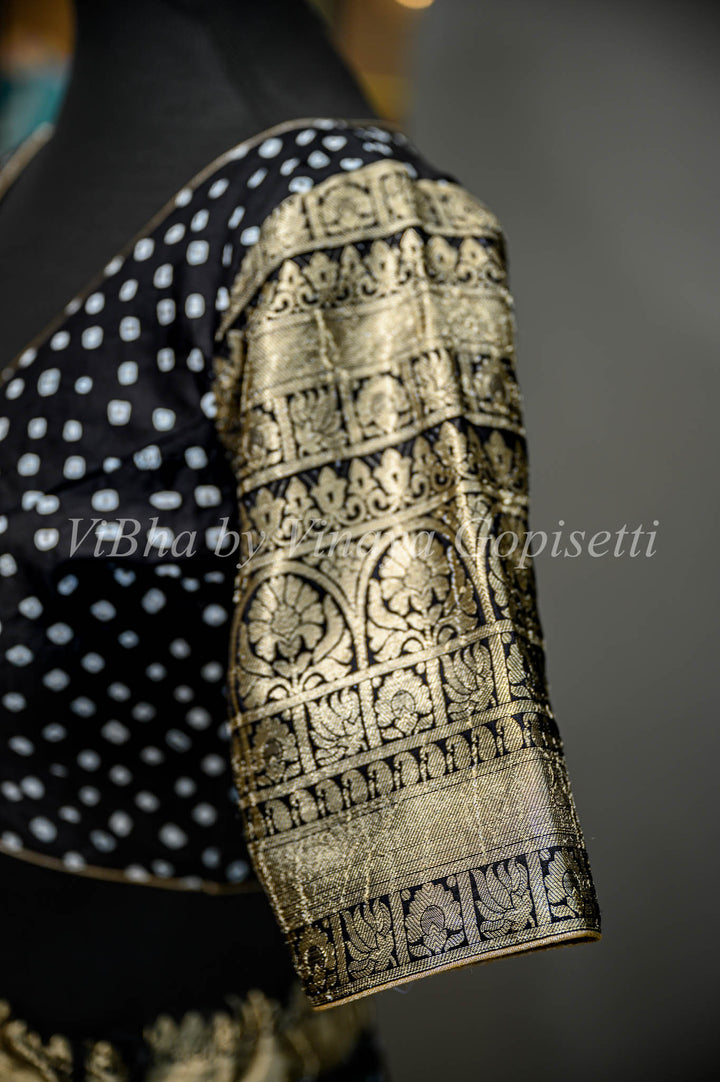 Black and Ivory Kanchi Bandhani Silk Lehenga And White Embroidered Dupatta