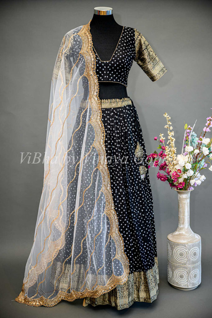 Black and Ivory Kanchi Bandhani Silk Lehenga