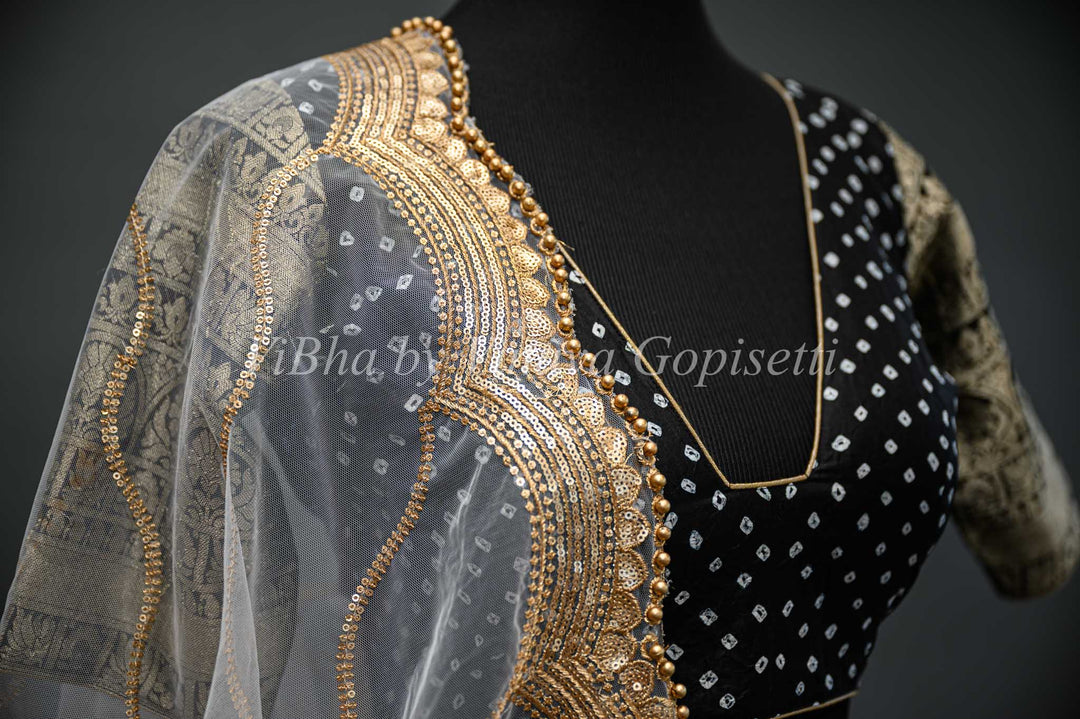 Black and Ivory Kanchi Bandhani Silk Lehenga And White Embroidered Dupatta