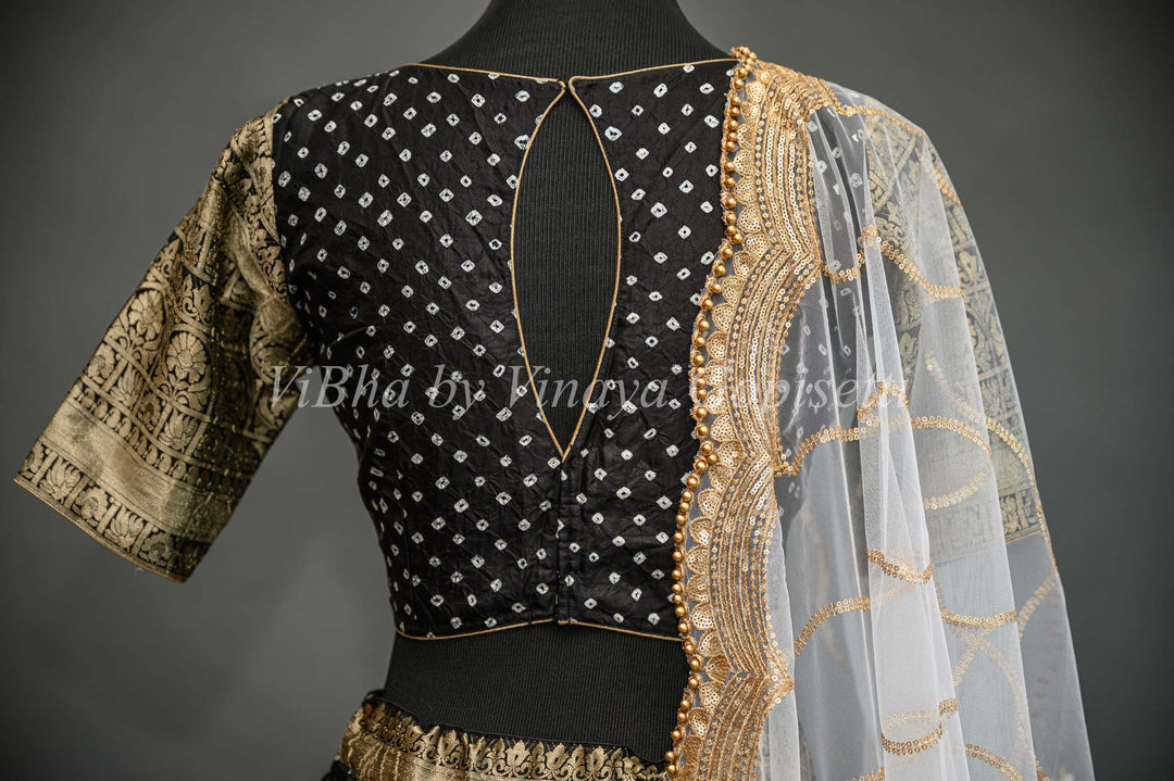 Black and Ivory Kanchi Bandhani Silk Lehenga And White Embroidered Dupatta