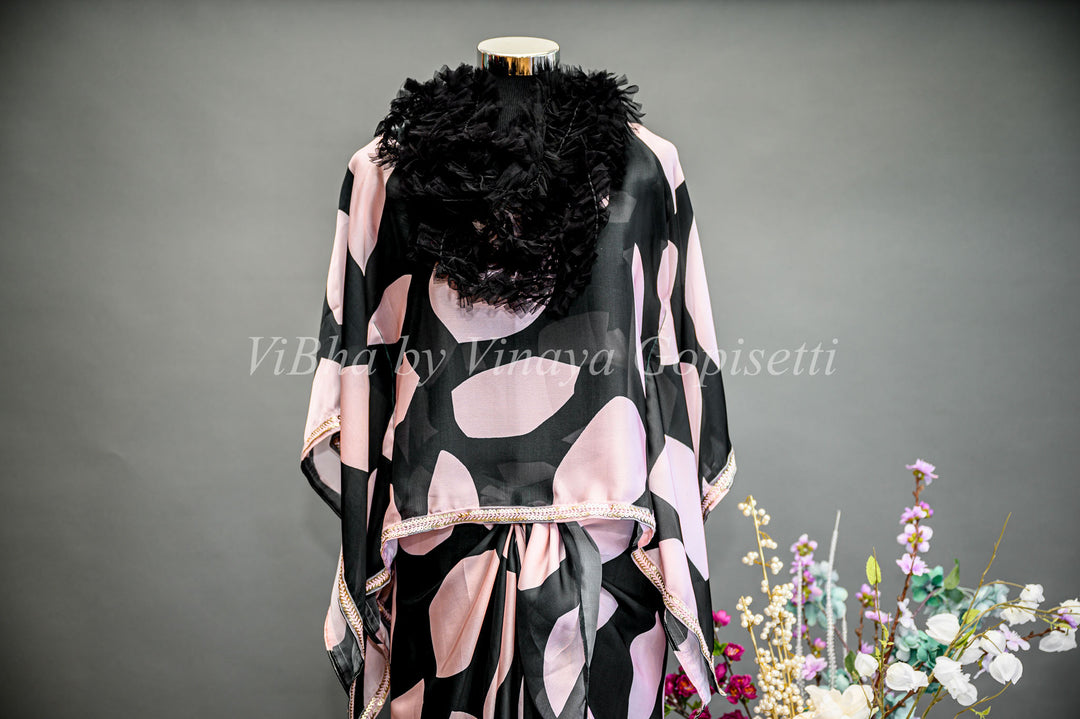 Geometrical Pattern Cowl Skirt With Detachable Cape and stole