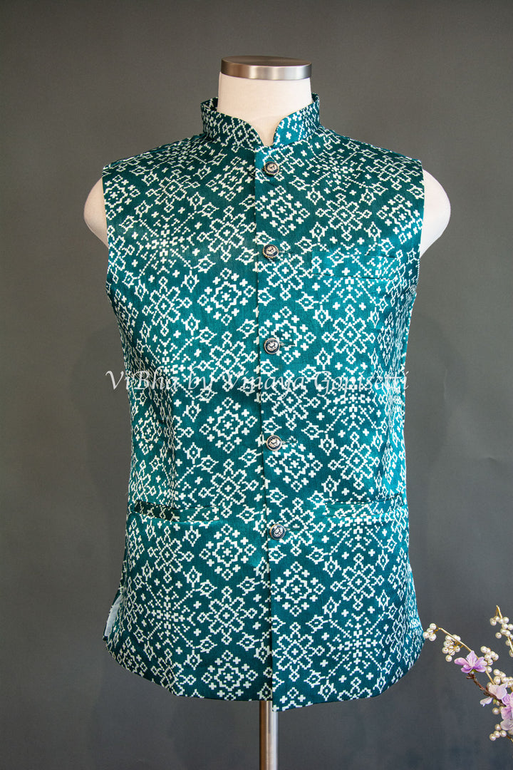 Teal Blue Gaji Silk Ajrakh Vest