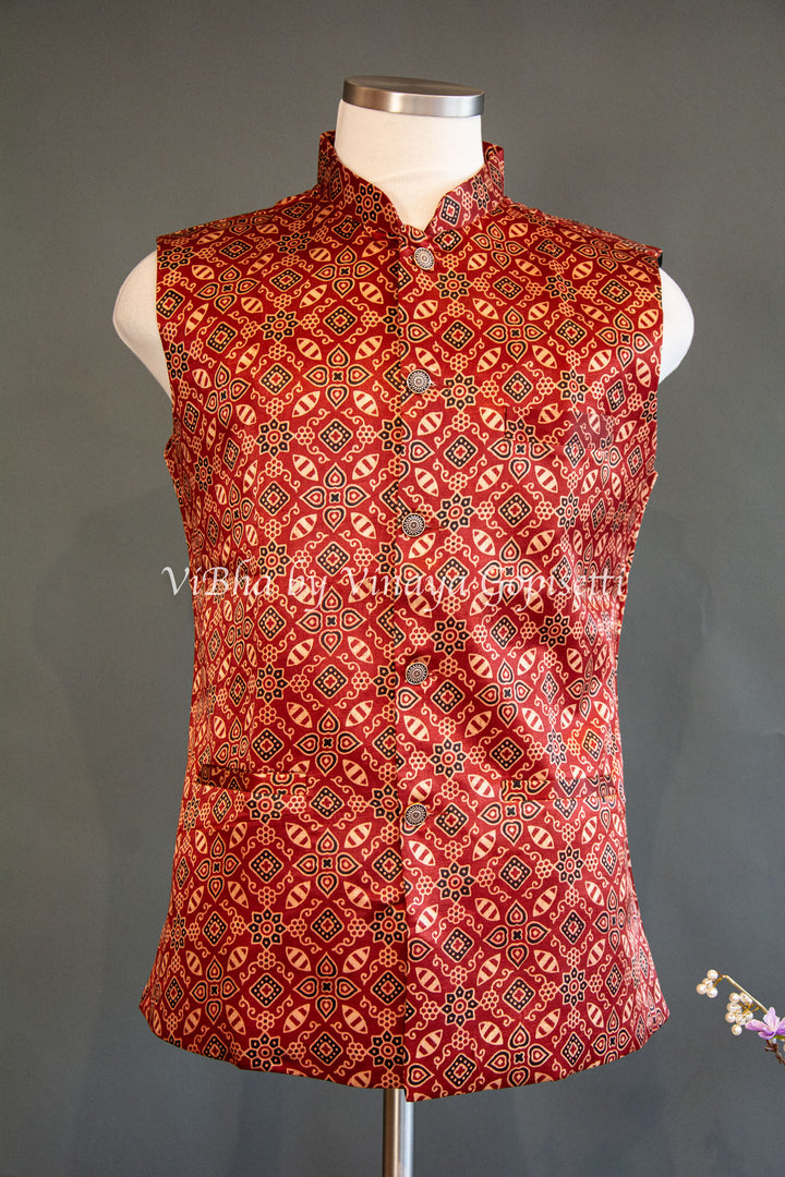 Red Gaji Silk Ajrakh Vest