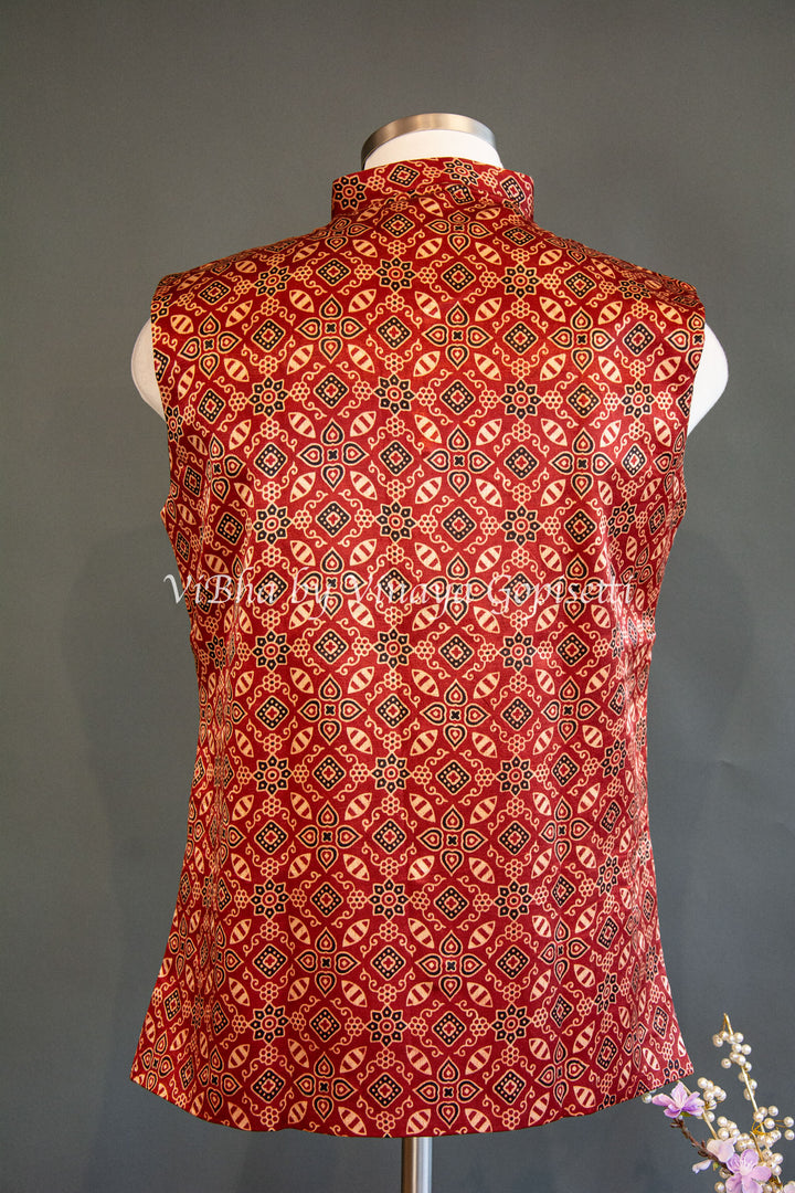 Red Gaji Silk Ajrakh Vest