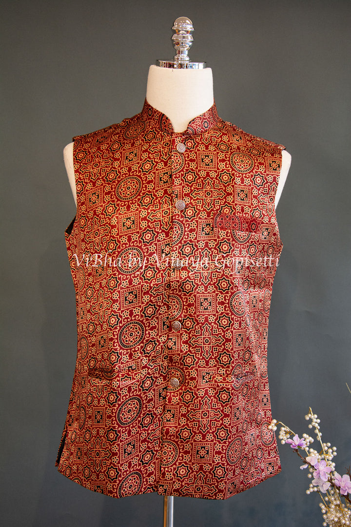 Red Gaji Silk Ajrakh Vest