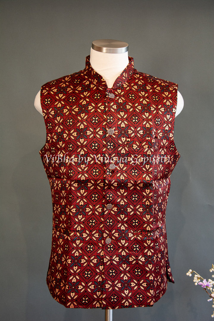 Maroon Gaji Silk Ajrakh Vest