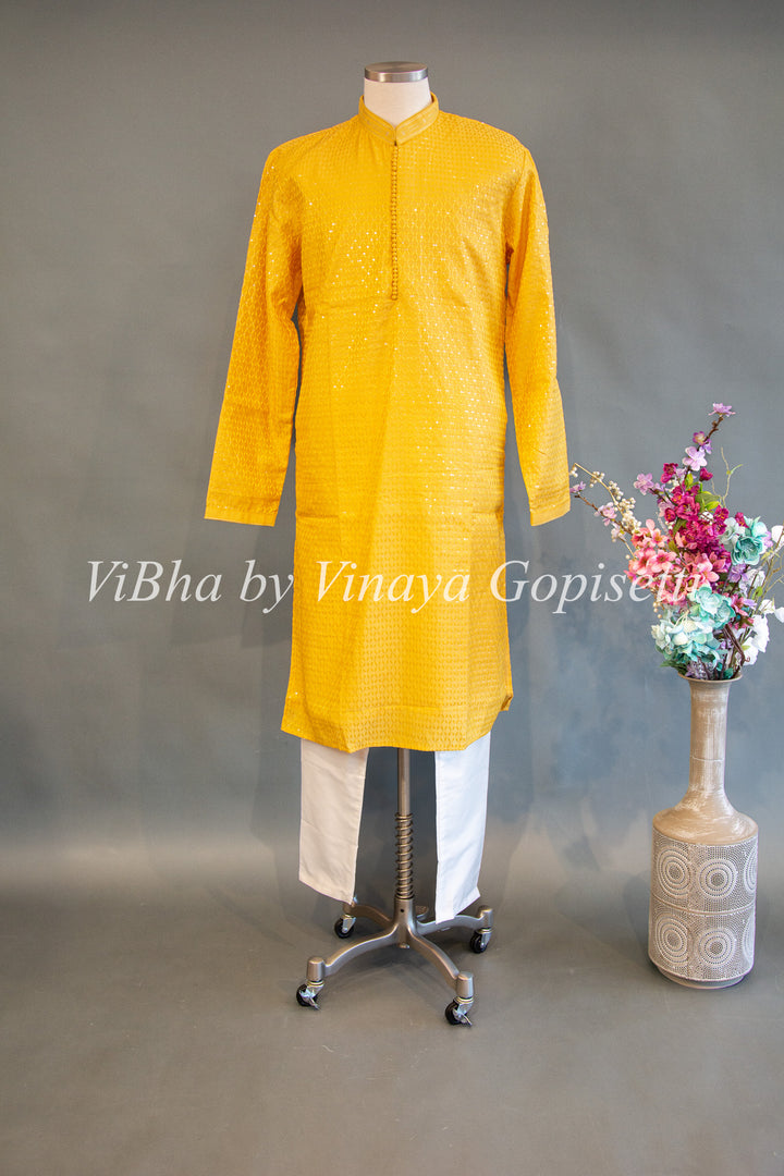 Yellow Sequins Embroidered Kurta Set