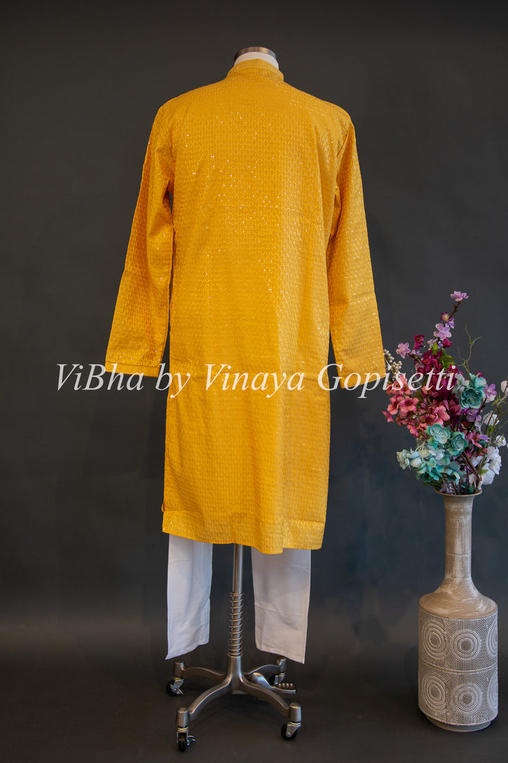 Yellow Sequins Embroidered Kurta Set