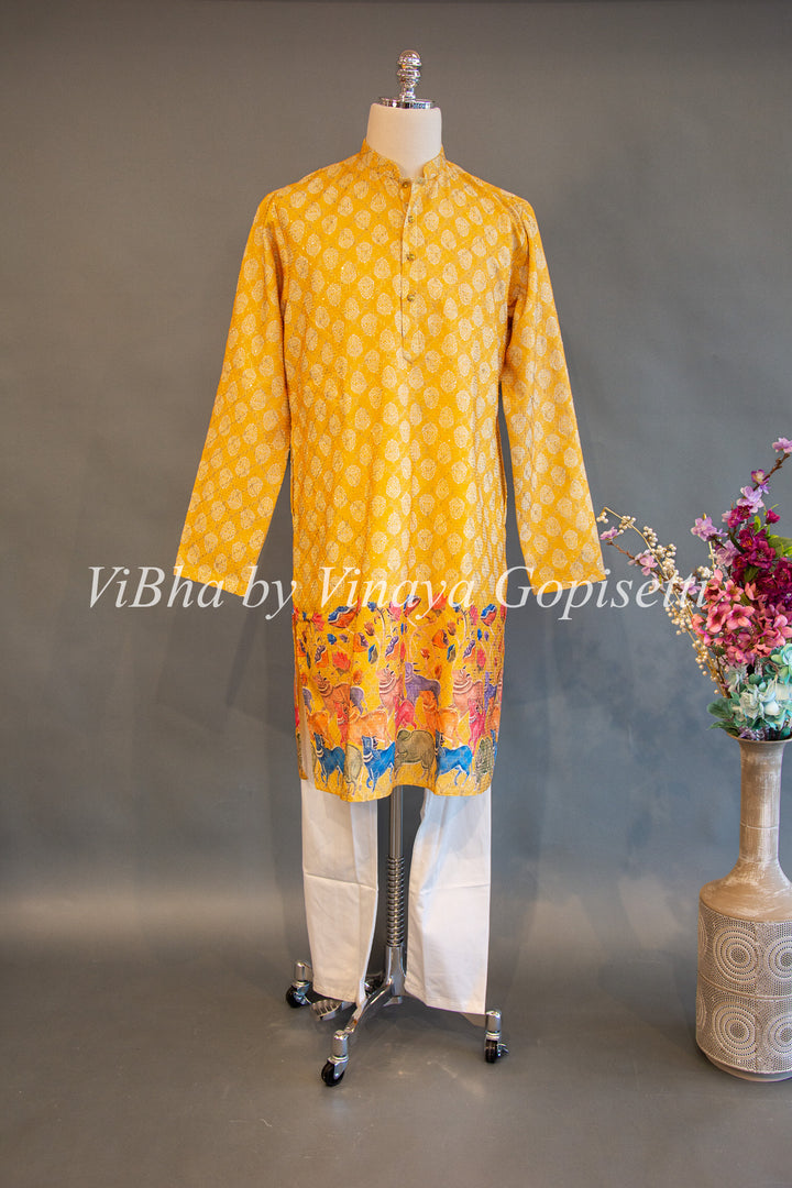 Yellow Pichwai Work Kurta Set