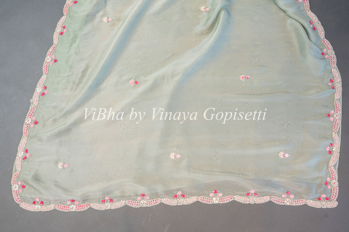 Pastel And Dark Green Soft Organza Embroidered Saree And Blouse