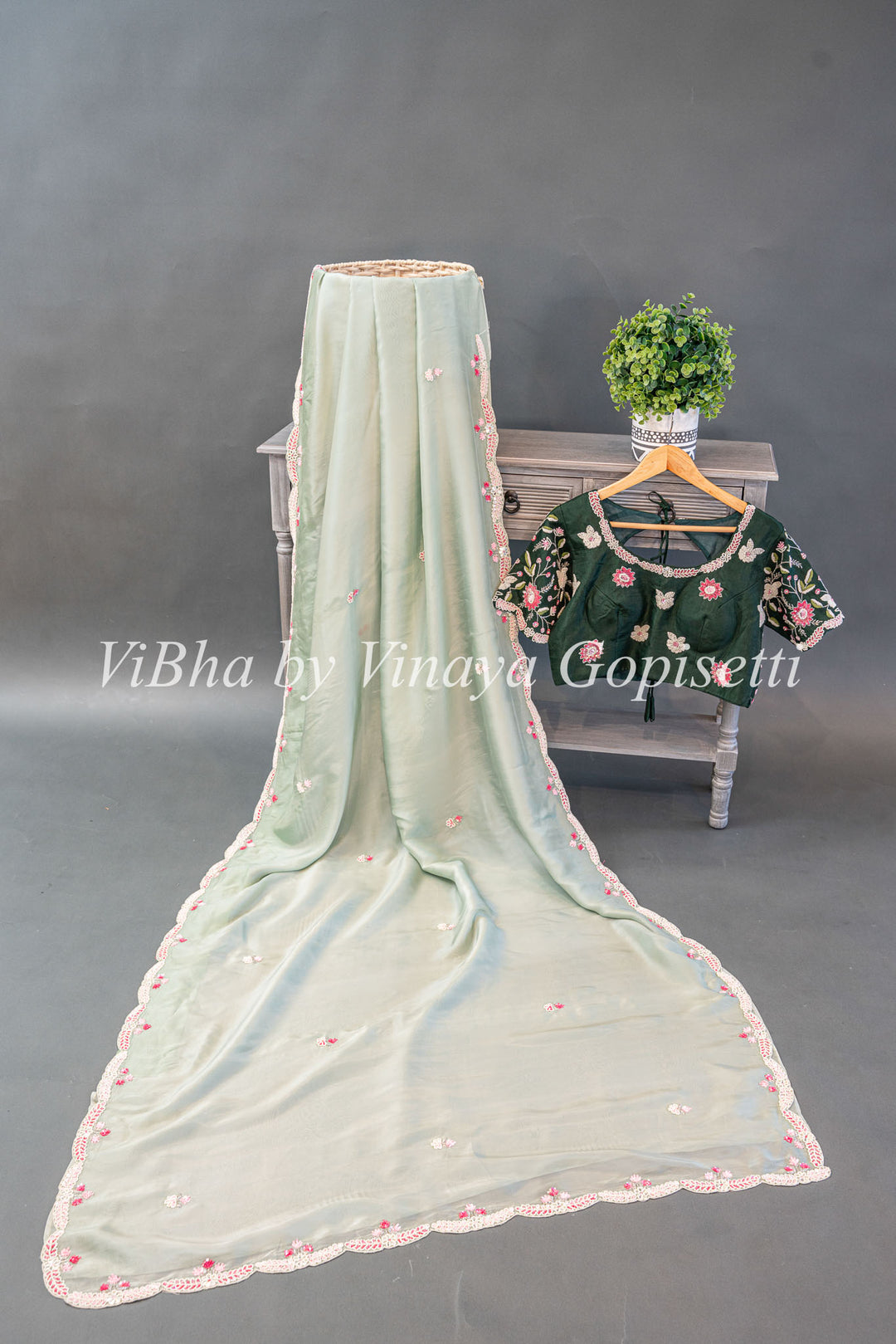 Pastel And Dark Green Soft Organza Embroidered Saree And Blouse