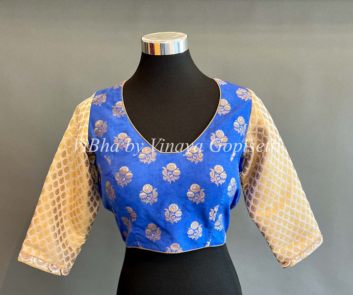 Blue And Ivory Benares Silk Blouse With Embroidered Hemline