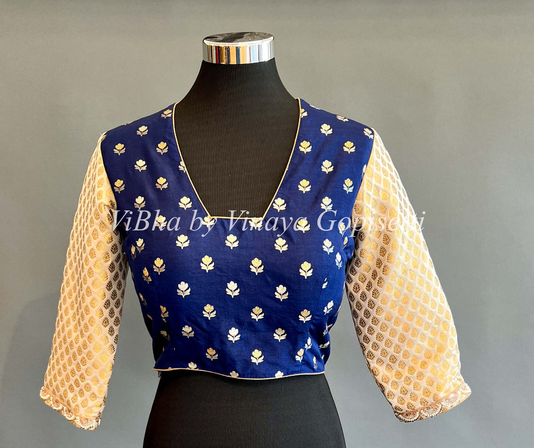 Ink Blue And Ivory Benares Silk Blouse