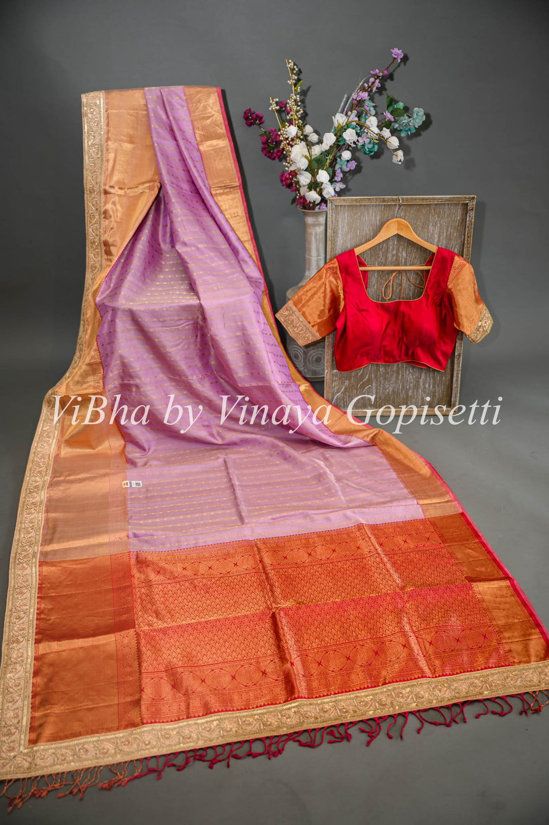 Onion Pink And Red Kanchi Soft Silk Saree And Blouse With Embroidered Borders