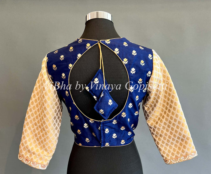 Ink Blue And Ivory Benares Silk Blouse