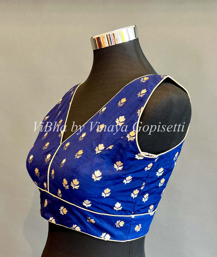 Blue Benares Silk Sleeveless Blouse