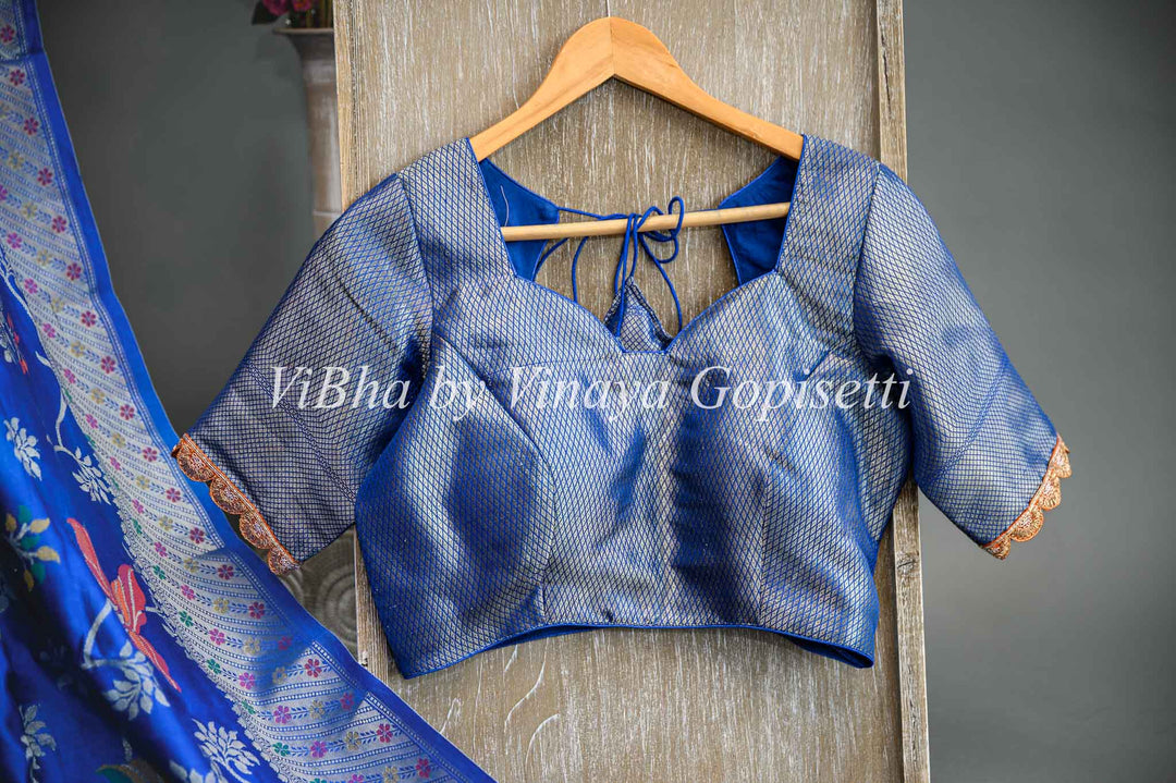 Blue Banarasi Kora Saree And Blouse With Embroidered Borders