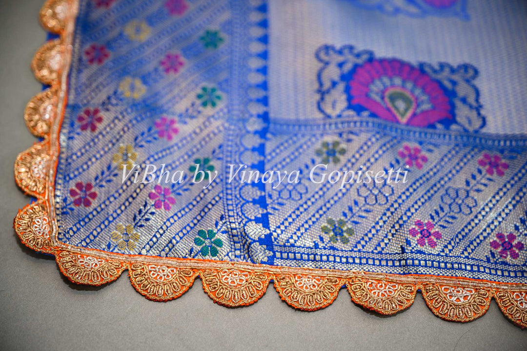 Blue Banarasi Kora Saree And Blouse With Embroidered Borders