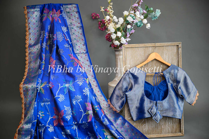 Blue Banarasi Kora Saree And Blouse With Embroidered Borders