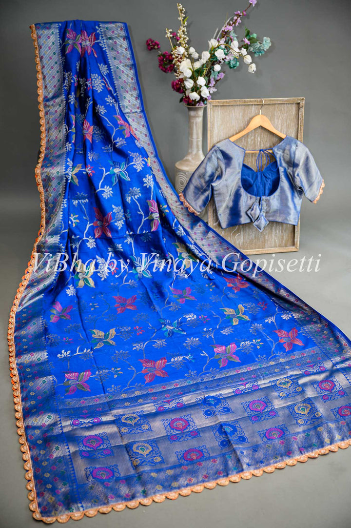 Blue Banarasi Kora Saree And Blouse With Embroidered Borders