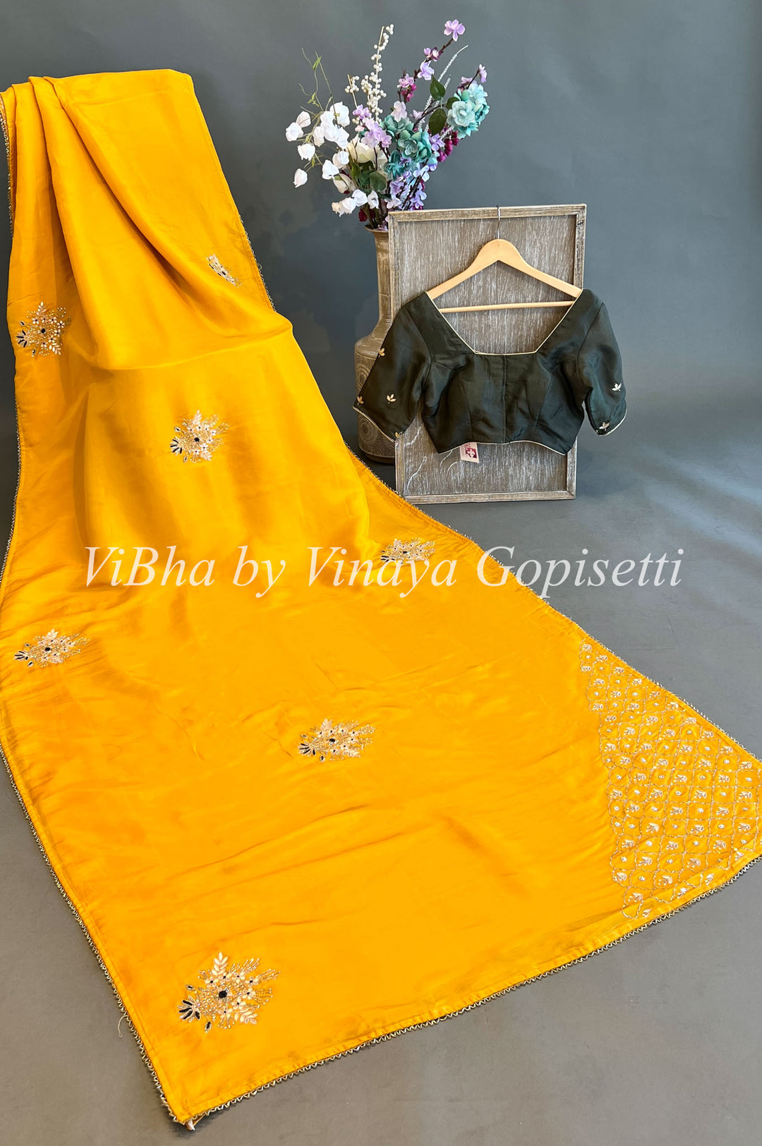 Mustard Yellow and Dark Mehendi Green Chinori Silk Embroidered Saree and Blouse