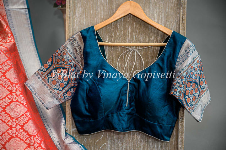 Red and Dark Teal Silver Zari Kanchi Silk Saree And Blouse