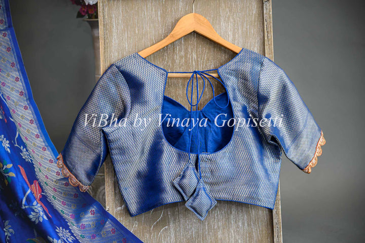 Blue Banarasi Kora Saree And Blouse With Embroidered Borders