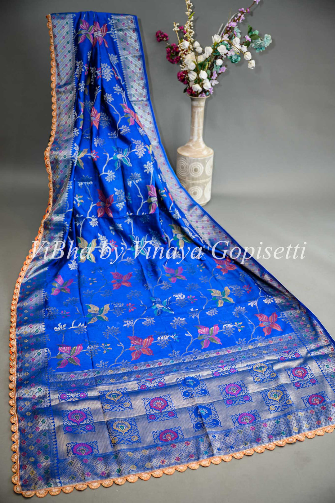 Blue Banarasi Kora Saree And Blouse With Embroidered Borders