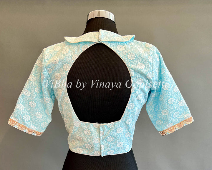 Light Sky Blue Peter Pan Collared Blouse With Embroidered Hemlines