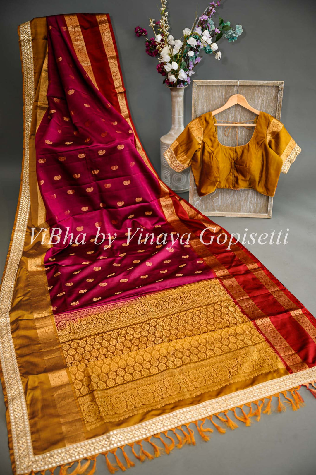 Maroon and Mustard Kanchi Soft Silk Saree