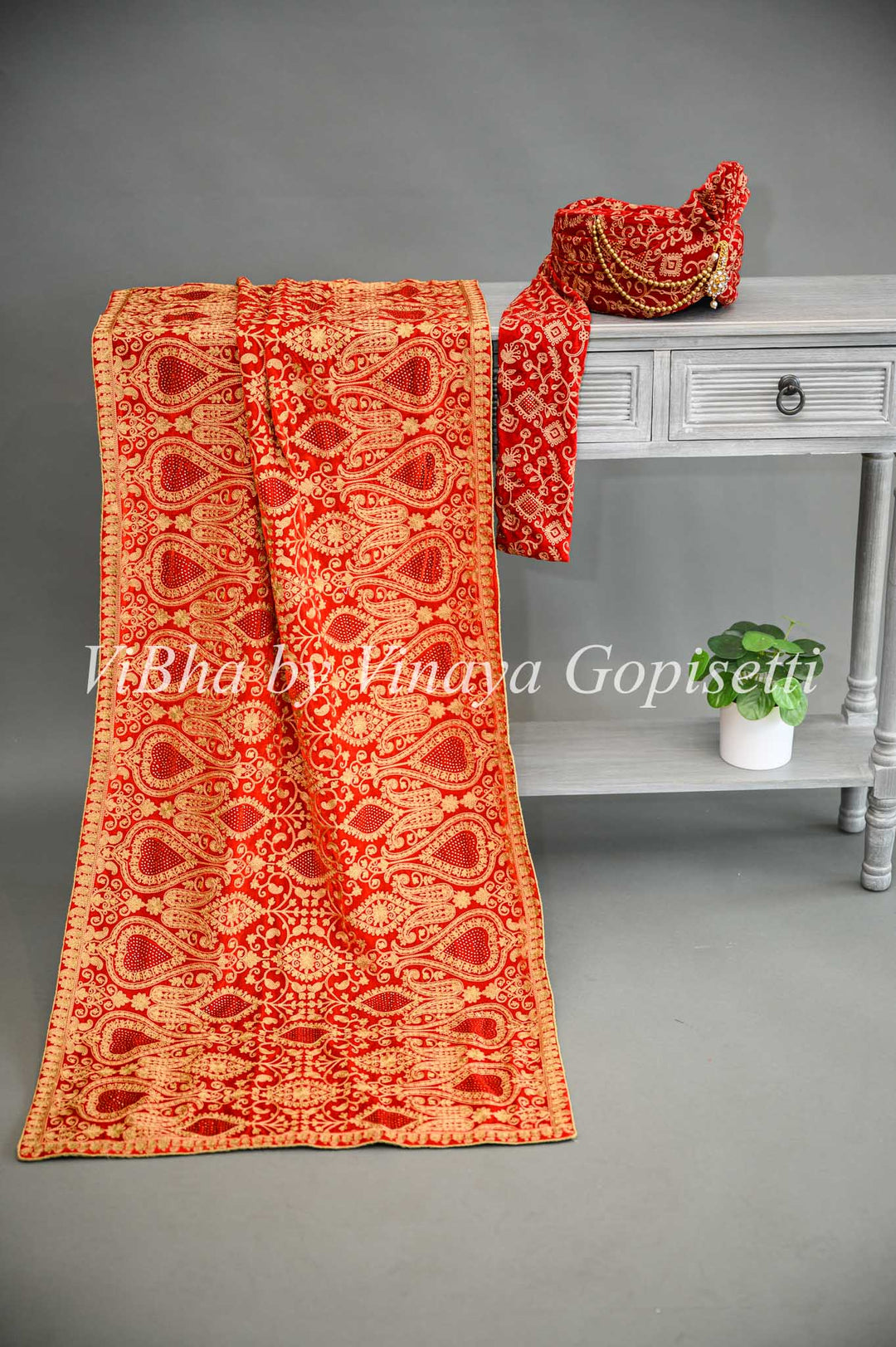 Red Embroidered Safa and Dupatta