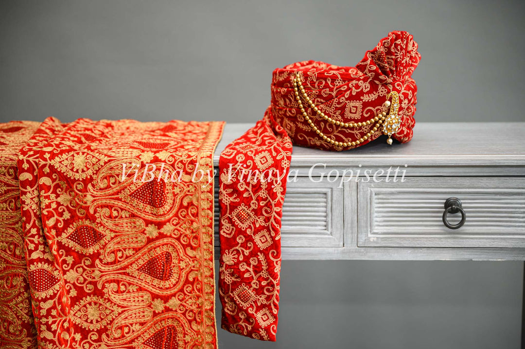 Red Embroidered Safa and Dupatta