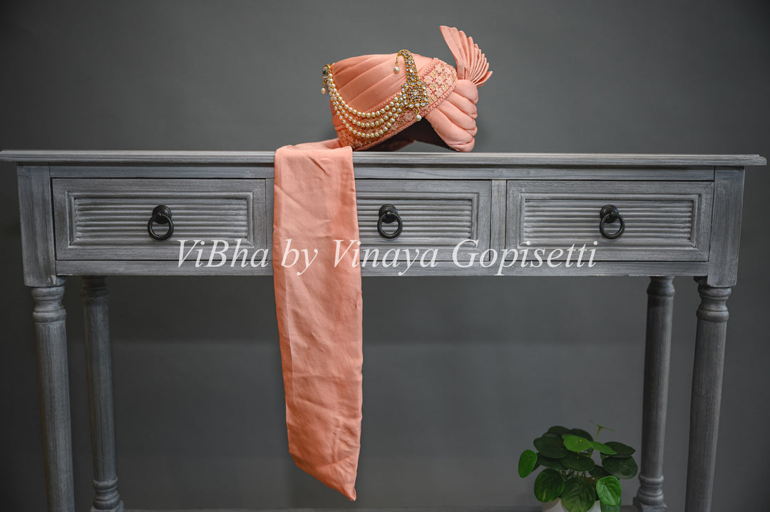 Peach Embroidered Safa and Dupatta