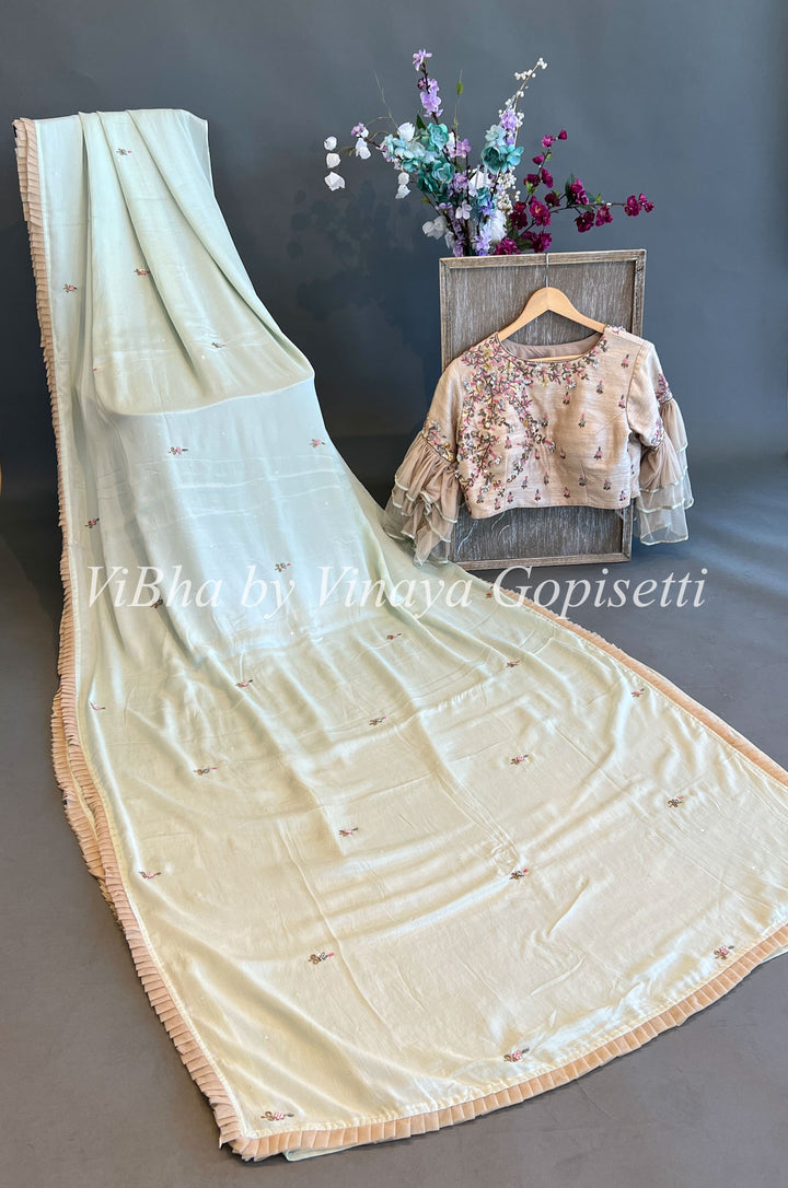 Pista Green Crepe Saree With Beige Blouse