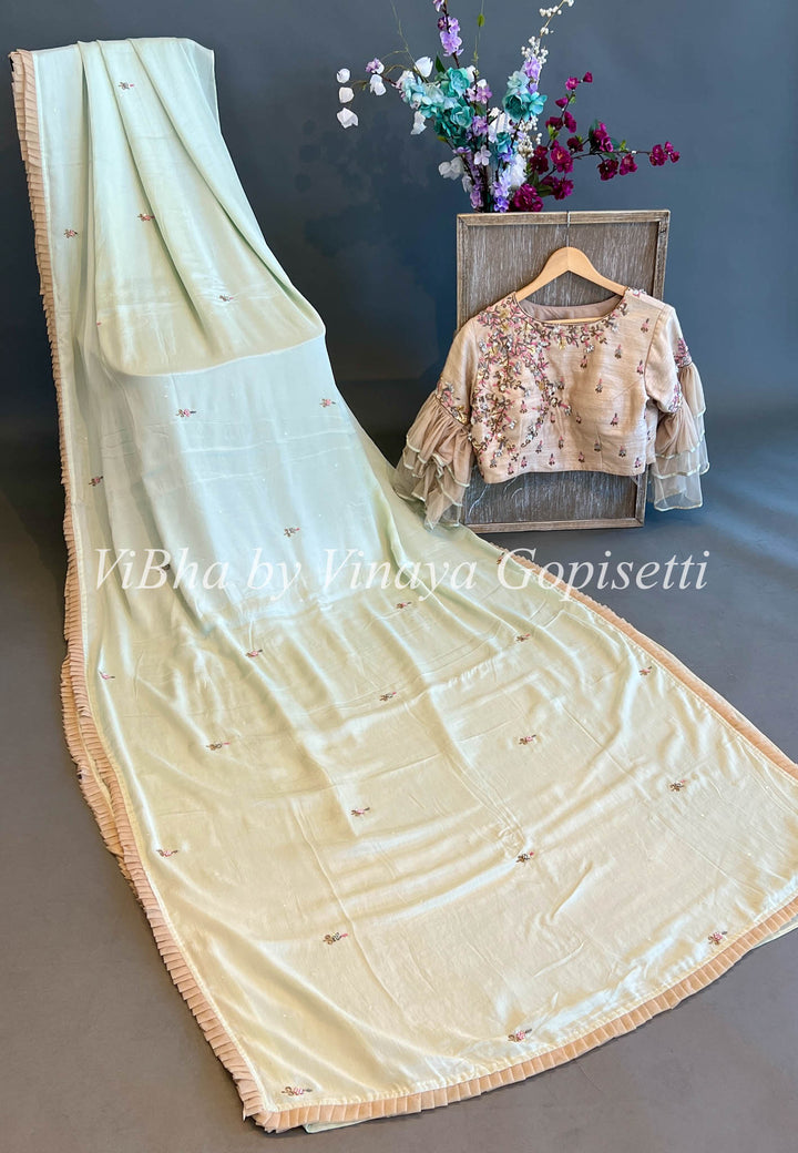 Pista Green Crepe Saree With Beige Blouse