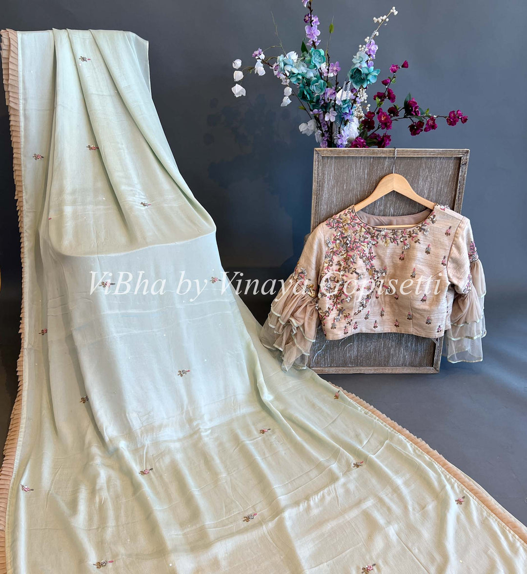 Pista Green Crepe Saree With Beige Blouse