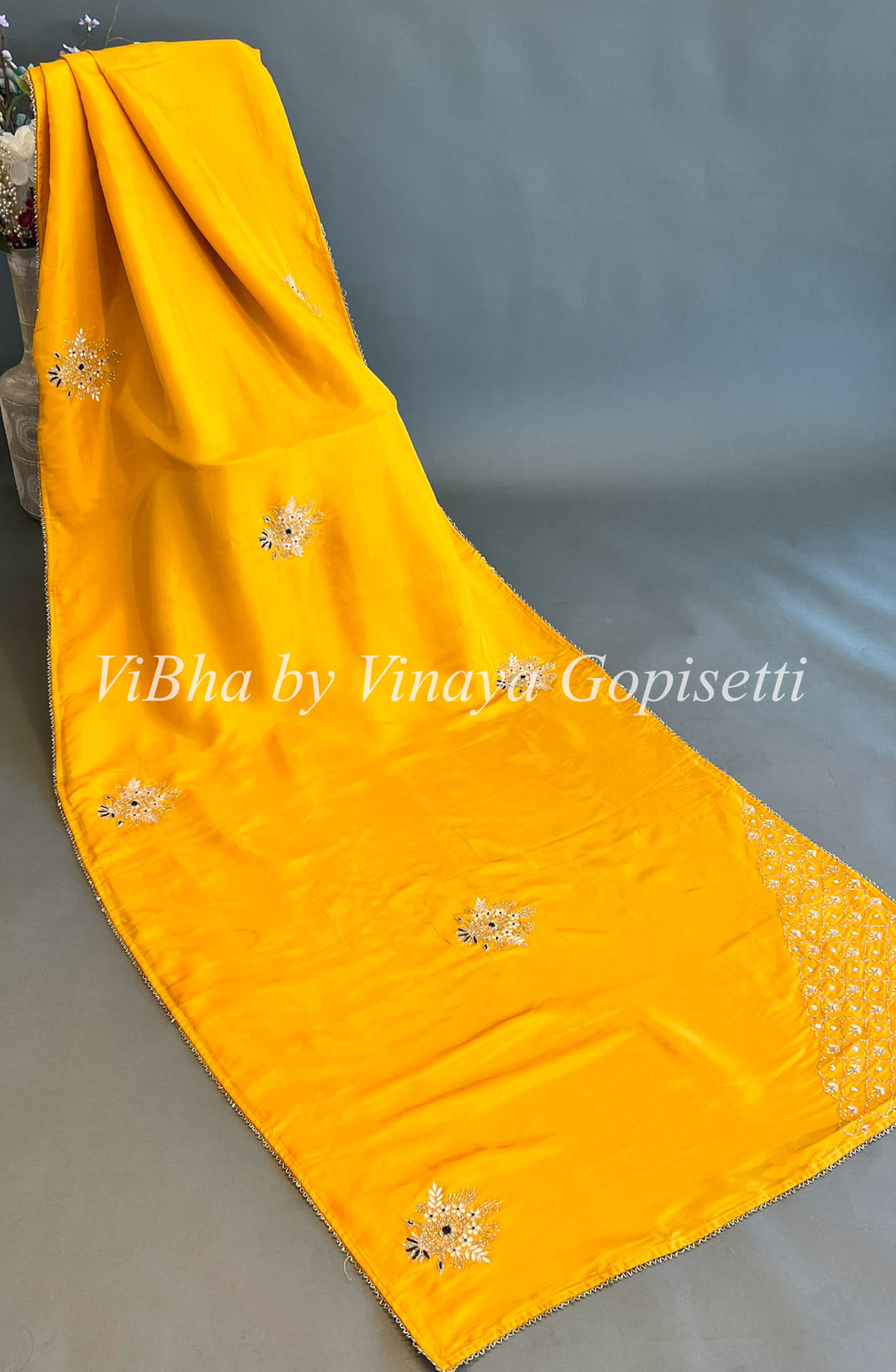 Mustard Yellow and Dark Mehendi Green Chinori Silk Embroidered Saree and Blouse