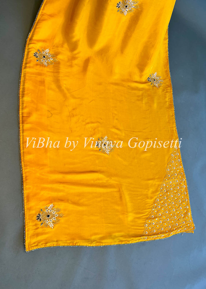 Mustard Yellow and Dark Mehendi Green Chinori Silk Embroidered Saree and Blouse