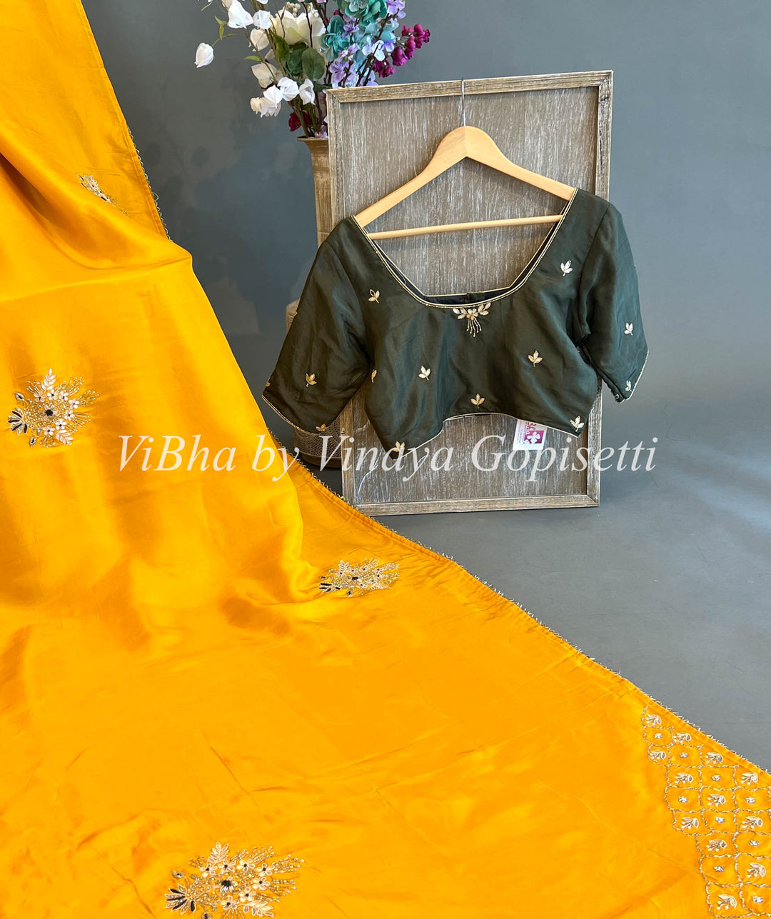 Mustard Yellow and Dark Mehendi Green Chinori Silk Embroidered Saree and Blouse