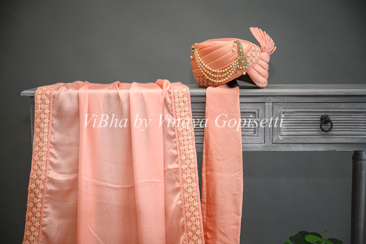 Peach Embroidered Safa and Dupatta