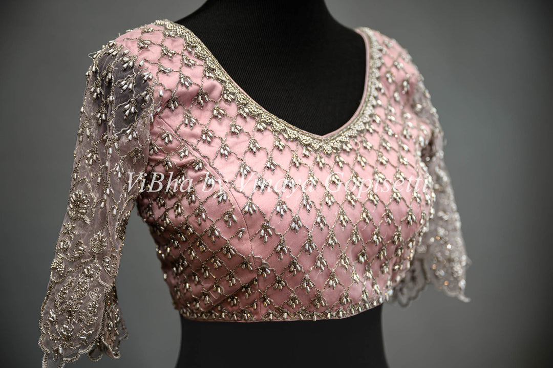 Pastel Pink Net Blouse With Silver Zari And Crystal Embroidery