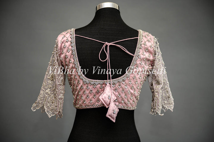 Pastel Pink Net Blouse With Silver Zari And Crystal Embroidery