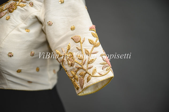 Ivory Raw Silk Blouse With Zardosi Embroidery