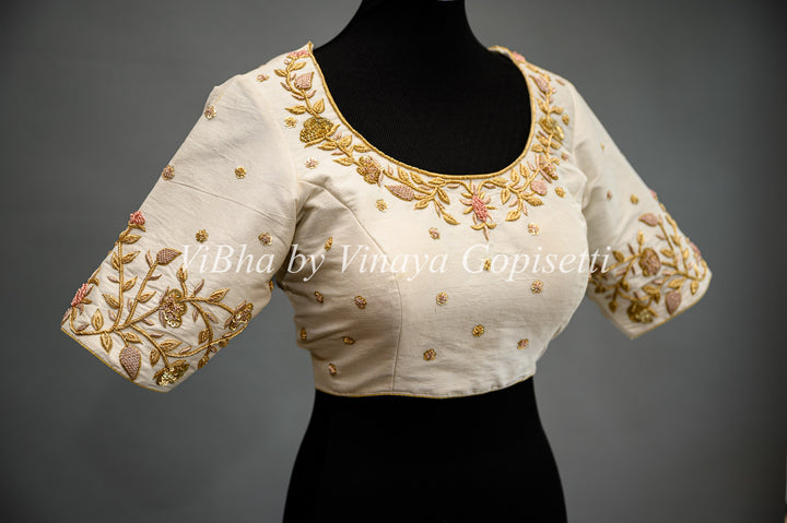 Ivory Raw Silk Blouse With Zardosi Embroidery