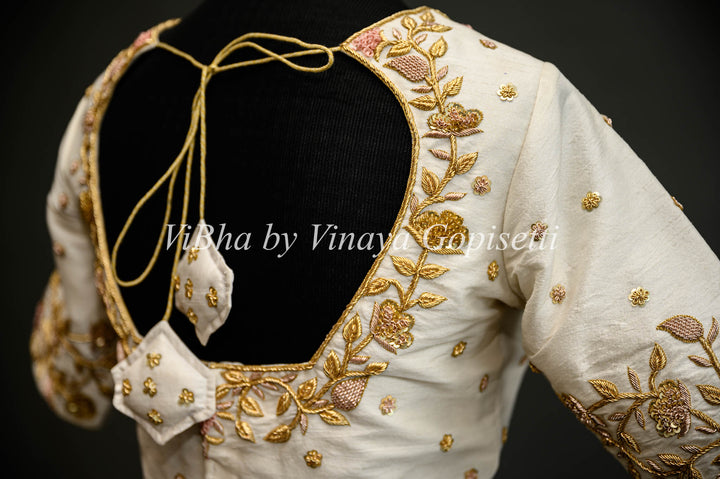 Ivory Raw Silk Blouse With Zardosi Embroidery