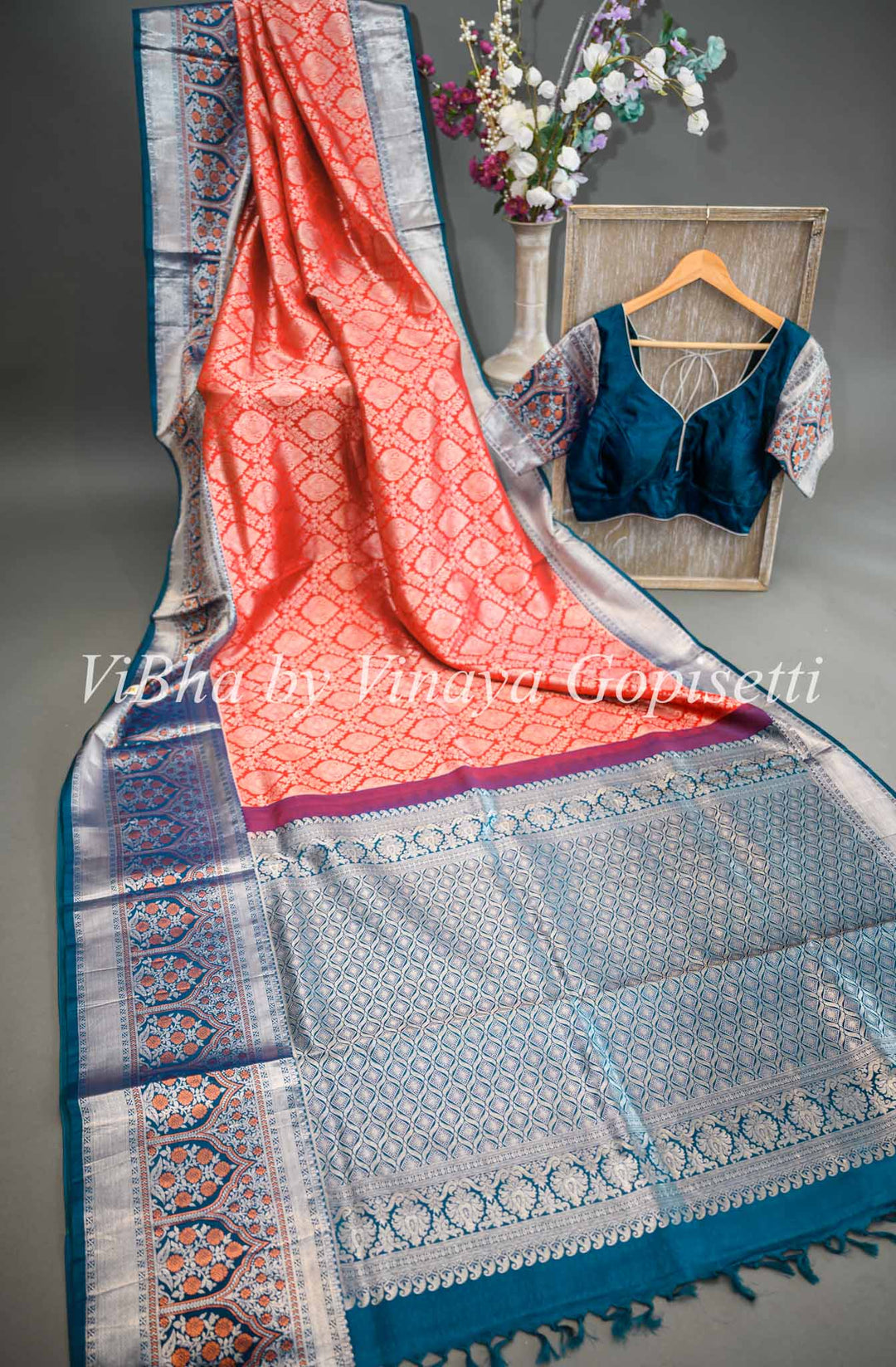 Red and Dark Teal Silver Zari Kanchi Silk Saree