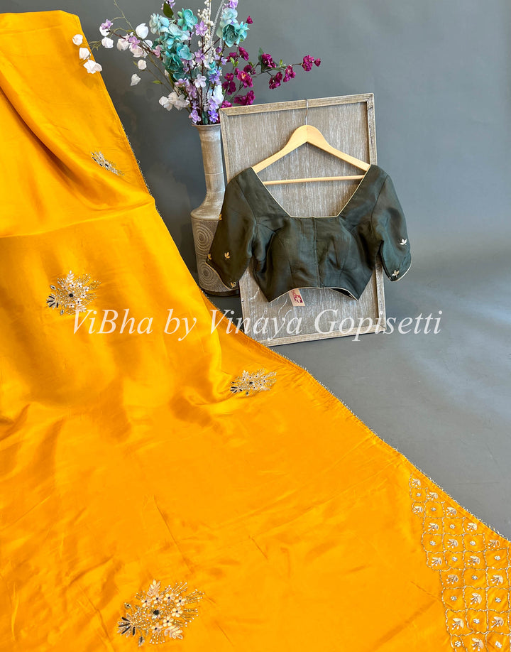 Mustard Yellow and Dark Mehendi Green Chinori Silk Embroidered Saree and Blouse