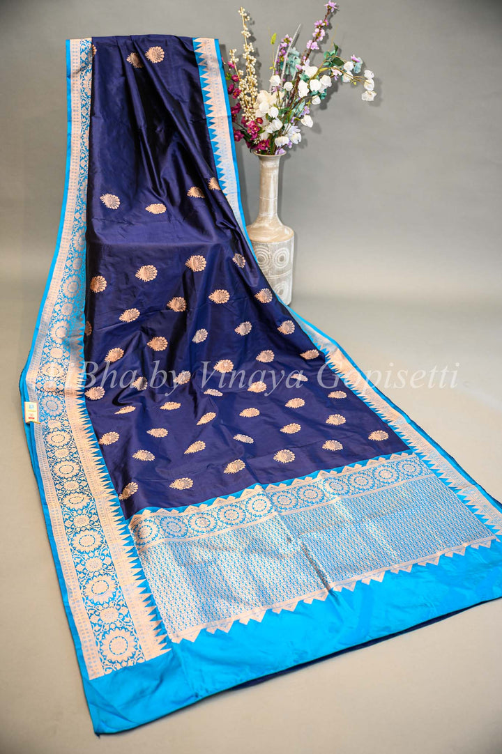 Dark Navy Blue And Sky Blue Banarasi Katan Silk Saree And Blouse