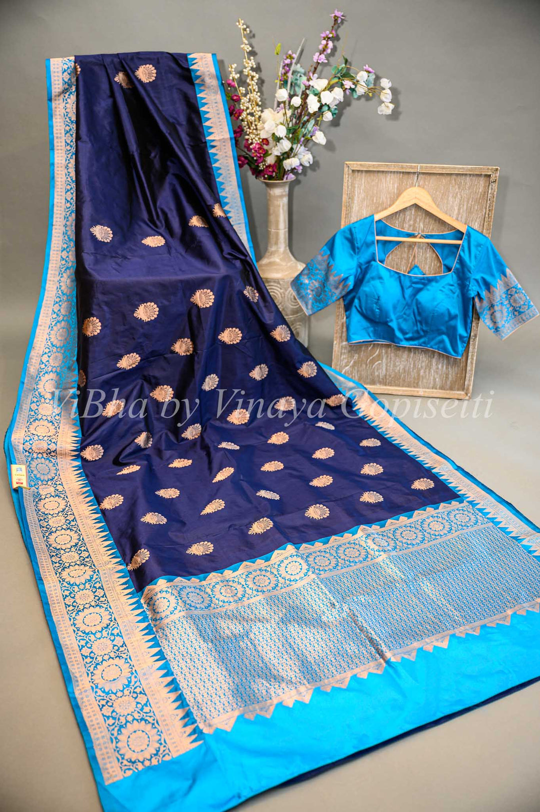 Dark Navy Blue and Sky Blue Benares Katan Silk Saree