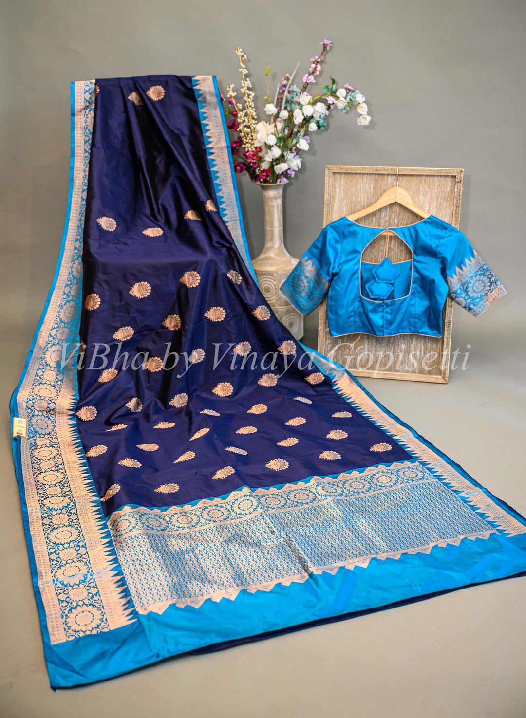 Dark Navy Blue And Sky Blue Banarasi Katan Silk Saree And Blouse